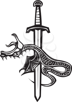 Woodcut style image of a dragon spitted on a sword.