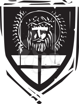 Woodcut style Heraldic Shield with Jesus Christ