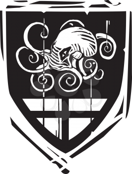 Woodcut style Heraldic Shield with a Kraken or octopus