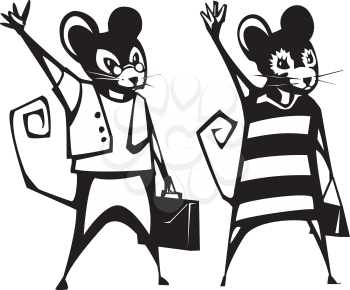 Mouse boy and girl holding briefcase and purse waving.