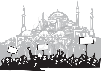 Woodcut style image of a riot or protest in front of the the Hagia Sophia in Istanbul