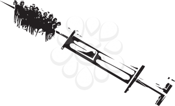 Woodcut expressionist style image of a syringe with people impaled on the needle. anti-vaccination or herion addiction concept.