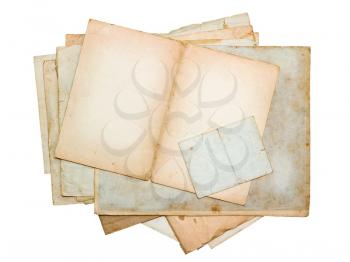 stack of old paper sheets and cards isolated on white background
