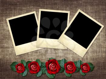 Polaroid-style photo on a linen background  with red rose