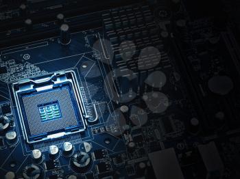 image of the motherboard without a PC processor closeup, Blue tone and light effect