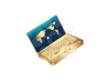 Royalty Free Clipart Image of a Golden Laptop With the World Map
