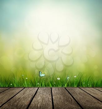 Summer Background With Wooden Floor, Grass, Flower And Butterfly 