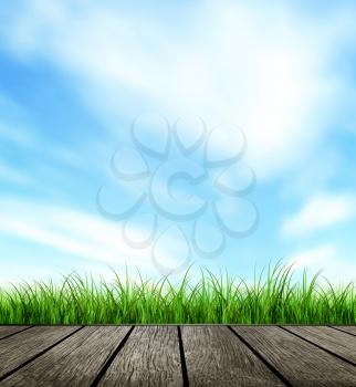 Design Background With Wooden Floor, Grass And Blue Sky 