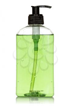 	Transparent bottle with green  liquid soap on white background