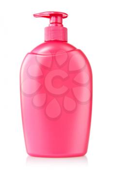 Red plastic bottle with liquid soap on a white background 