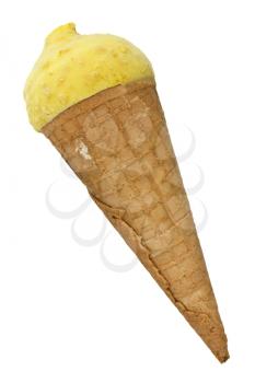 yellow ice cream with cone on white background 