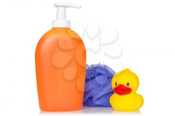 Liquid soap, bath duck and sponge on the white background