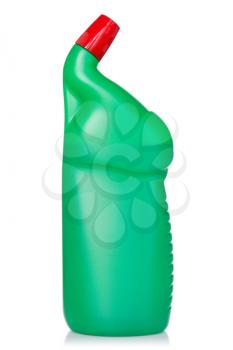 Green plastic bottle of cleaning product, isolated on white background