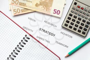 Money and office supply with business strategy