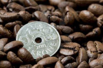 Norway coffee market. Roasted coffee beans and 1 Norway Krone coin