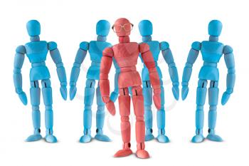 Wooden people with their smart leader. Business Leadership Concept : Red figure in group of blue wooden mannequins on white background. 