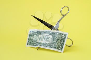 Cutting one dollar with scissors on yellow background. Concept on the topic of devaluation of money. 
