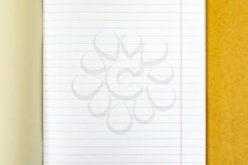 Open empty notebook with lined pages. Close up view. Copy-space.