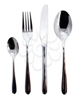 Set of the silverware tools: spoon, knife, fork and little spoon