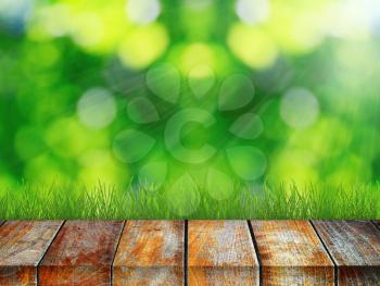 Green grass with wooden pier over summer background