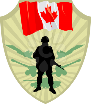Royalty Free Clipart Image of a Crest with a Canadian Flag and a Soldier