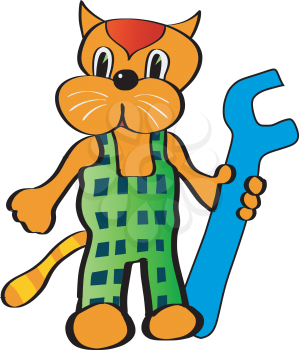 Royalty Free Clipart Image of a Cat Holding a Wrench