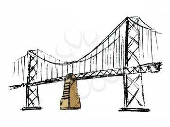 Hand drawn, vector, sketch illustration of big bridge through wide river. Made from steel and bricks. Industrial and architecture motive