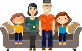 Young Family Sitting on the Sofa. Flat Vector Illustration