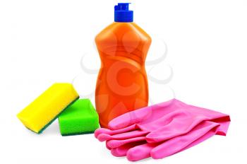 Royalty Free Photo of an Orange Bottle, Pink Gloves and Sponges