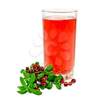 Cowberry juice in a tall glass, a bunch of twigs cowberry with green leaves and berries isolated on white background