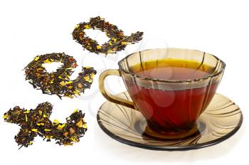 Tea in a brown glass cup, the word tea from a mixture of black and green tea powder with petals of sunflower, rose, rose hips and papaya isolated on white background