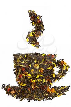 A mixture of black and green dry tea with petals of sunflower, rose, fruit of rose hips and papaya in form cup with steam isolated on a white background