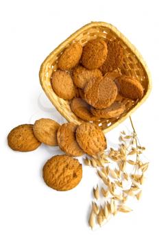 Oatmeal cookies on the table in a wicker basket with a stalk of oats in isolation on a white background