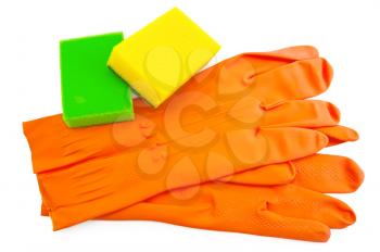 Orange rubber gloves, two sponges of green and yellow colors isolated on white background