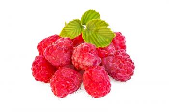 Raspberry with green leaf isolated on white background