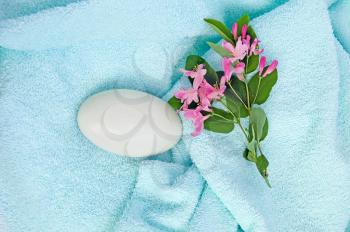 White soap and pink flowers blooming twig on a blue towel