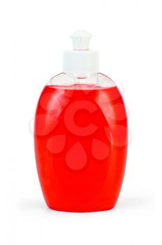 A bottle of red liquid soap isolated on white background