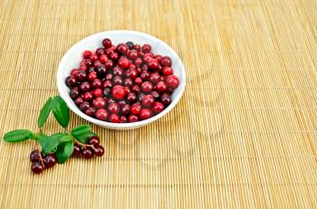 Berry lingonberry in a white porcelain bowl, two twigs with berries and green leaves on a bamboo mat