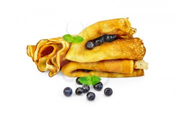 Pancakes with blueberries and mint isolated on white background