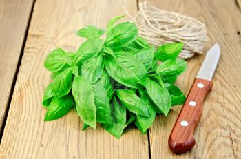 A bunch of green basil with a skein of twine and a knife on a wooden boards background