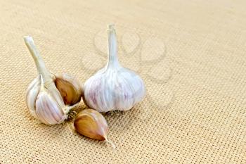 Whole cloves and garlic cloves on burlap background