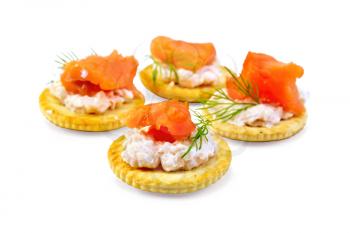 Four round crackers with cream, dill and salmon isolated on white background