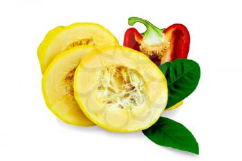 Ripe yellow squash cut into slices with two green leaves of lemon, red sweet pepper isolated on white background