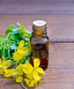 Oil in a bottle, flowers and leaves of celandine on a wooden boards background