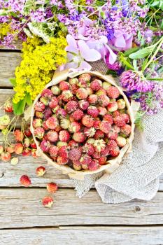 Wild ripe strawberries in a bark box with parchment, burlap and wild flowers on the background of a wooden board from above