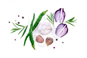Two pods of green hot pepper, slices of purple onion with sprigs of rosemary, garlic and peas of colored pepper isolated on a white background