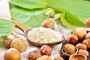 Hazelnut flour in a spoon and nuts on sacking, filbert branch with green leaves on wooden board background