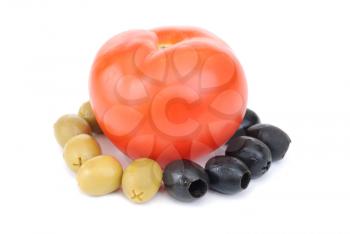 Royalty Free Photo of a Tomato Surrounded by Green and Black Olives