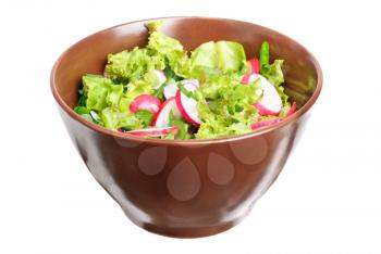 fresh salad with radishes, lettuce and onions on bowl isolated on white 