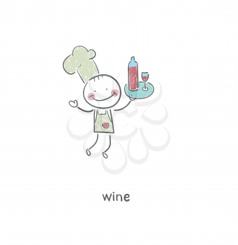 Chef and wine. Illustration.